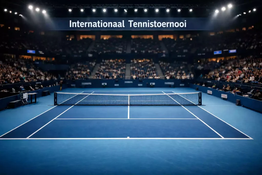 Indoor tennisbaan met felle verlichting tijdens een avondwedstrijd