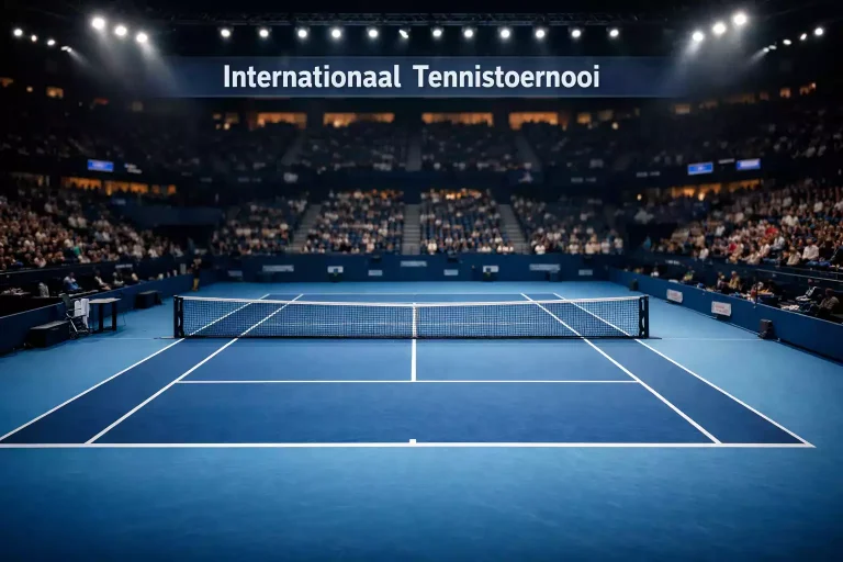 Indoor tennisbaan met felle verlichting tijdens een avondwedstrijd
