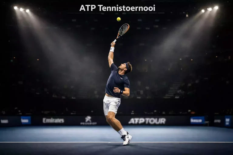 Professionele tennisser serveert krachtig op een indoor hardcourt tijdens een ATP-toernooi