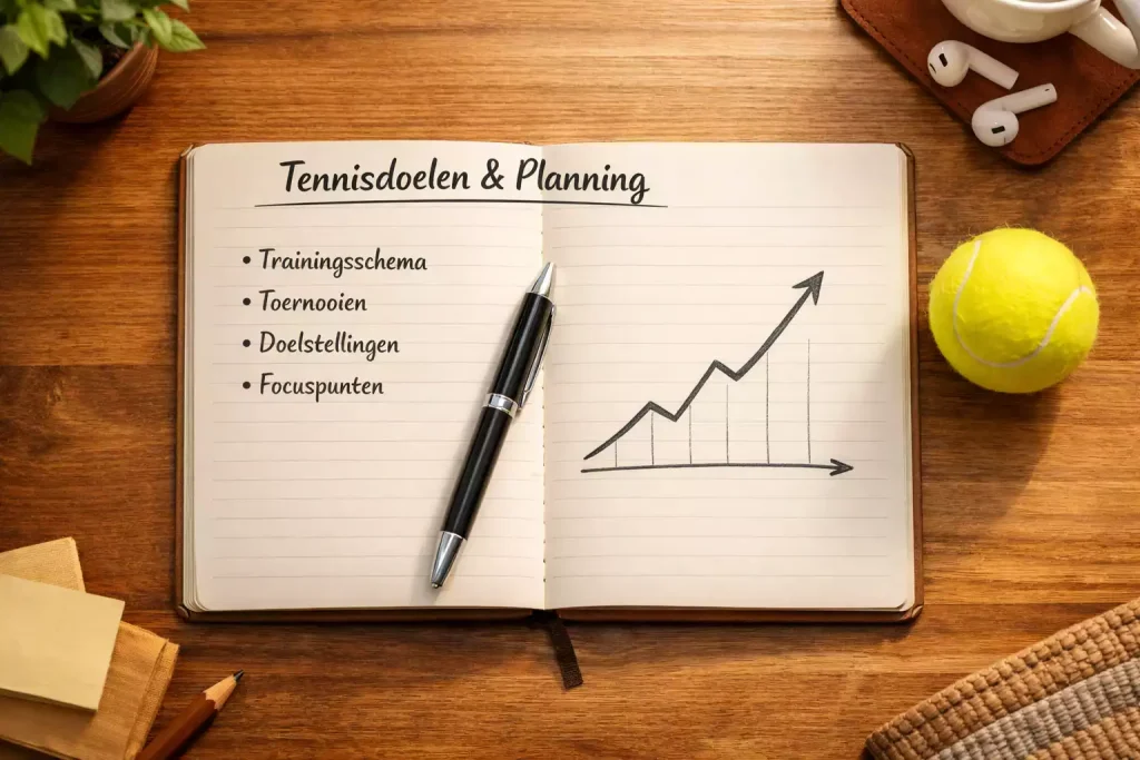 Notitieboek met pen op een bureau naast een tennisbal, met handgeschreven notities en een eenvoudige grafiek
