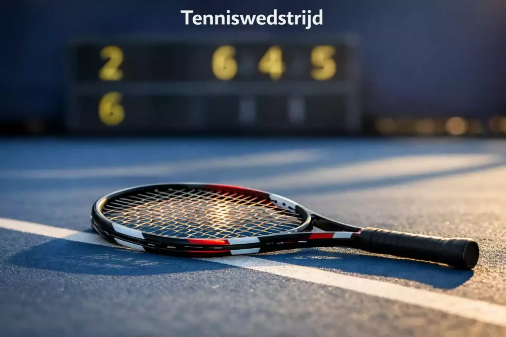 Close-up van een tennisracket op een hardcourt met scorebord op de achtergrond