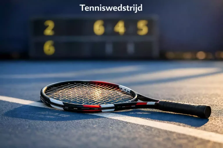 Close-up van een tennisracket op een hardcourt met scorebord op de achtergrond