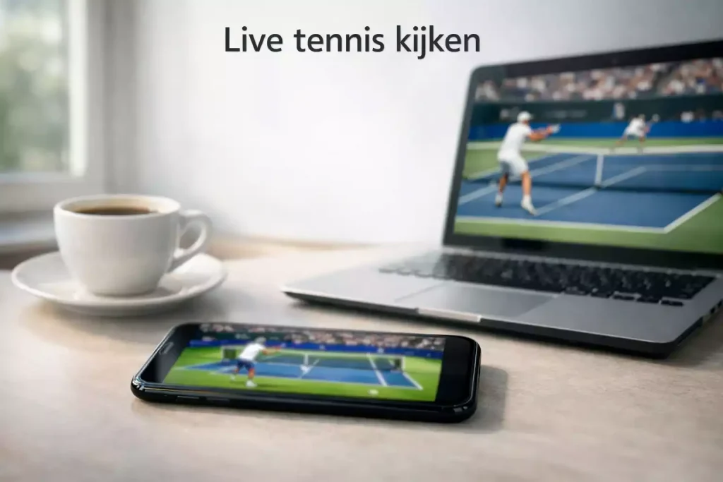 Smartphone met een tennismatch op het scherm naast een laptop