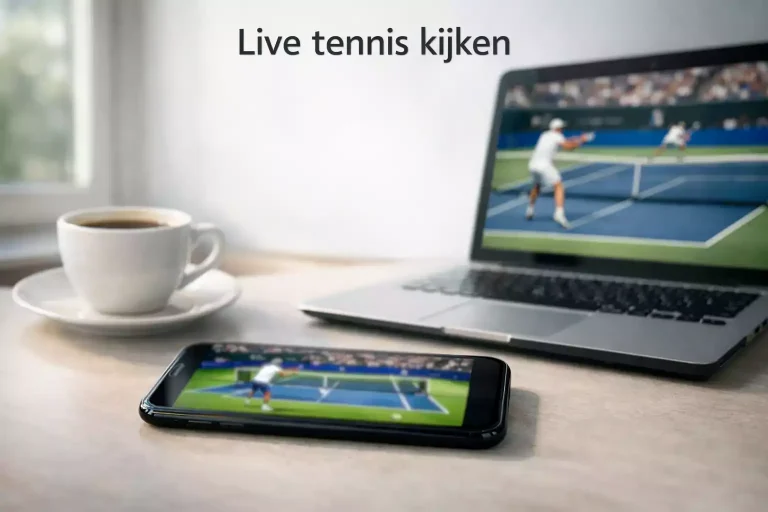Smartphone met een tennismatch op het scherm naast een laptop