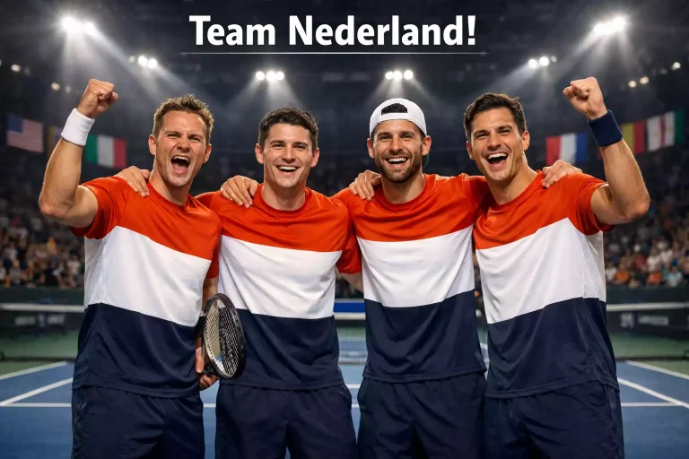 Tennisteam viert een overwinning op de baan met nationale vlaggen