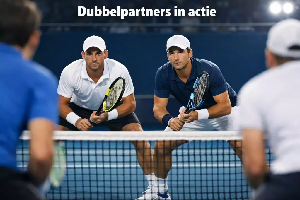 Dubbelspelers aan het net tijdens een tennismatch op een hardcourtbaan