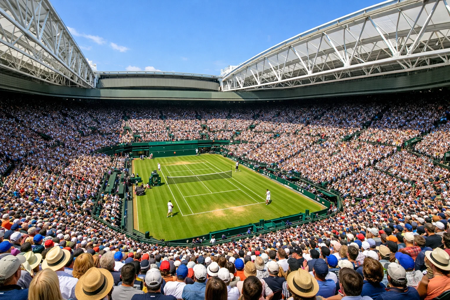 Panoramisch uitzicht op een vol tennisstadion tijdens een Grand Slam finale met juichend publiek