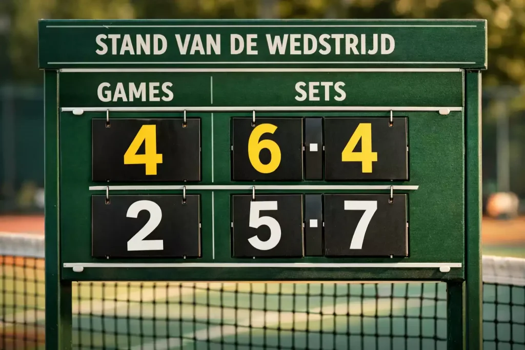 Scorebord van een tenniswedstrijd met duidelijk zichtbare game- en setstanden op een zonnige dag