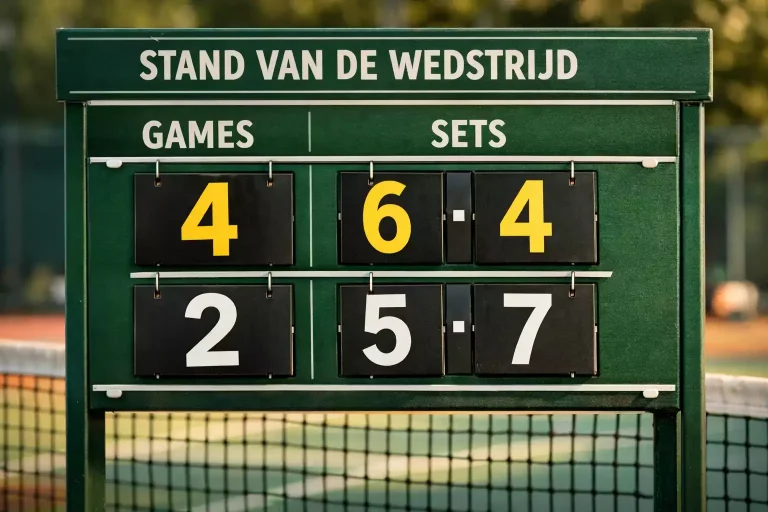 Scorebord van een tenniswedstrijd met duidelijk zichtbare game- en setstanden op een zonnige dag