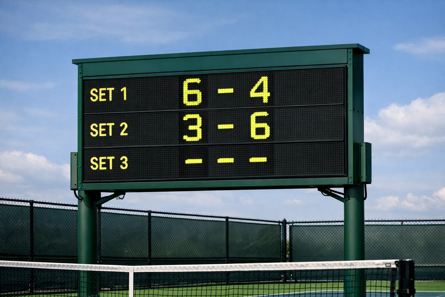 Scorebord op tennisbaan met setstand