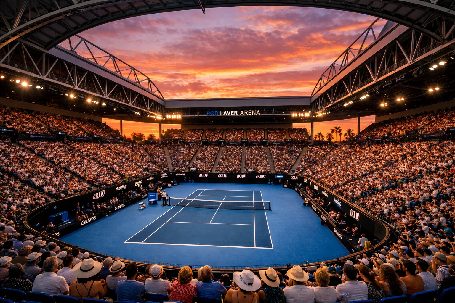 Melbourne Park stadion tijdens Australian Open bij zonsondergang