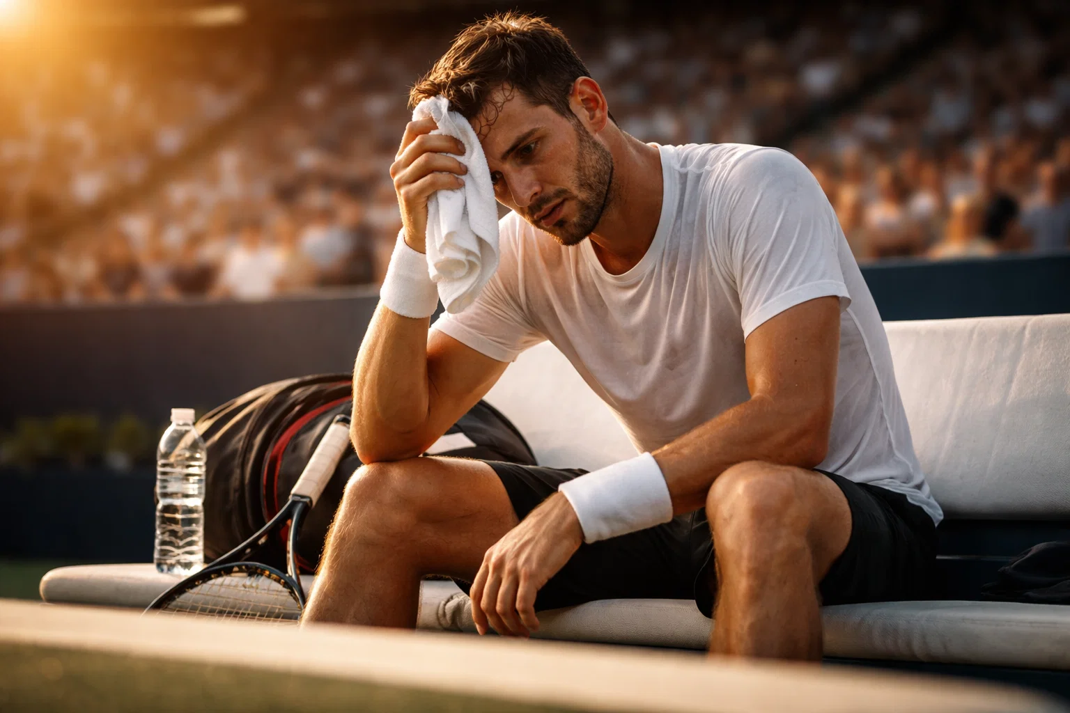 Tennisser veegt zweet af tijdens een lange vijfsetter