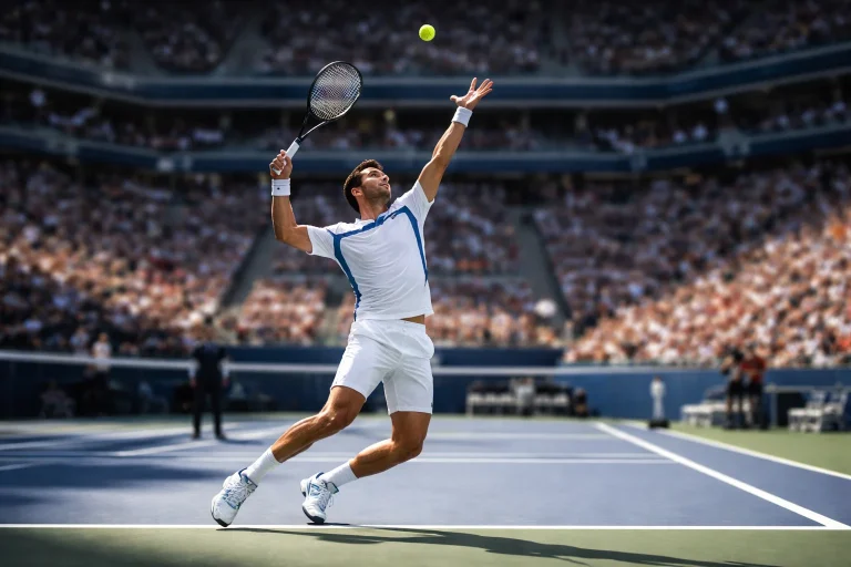 Tennisser serveert op een Grand Slam centercourt met volle tribunes