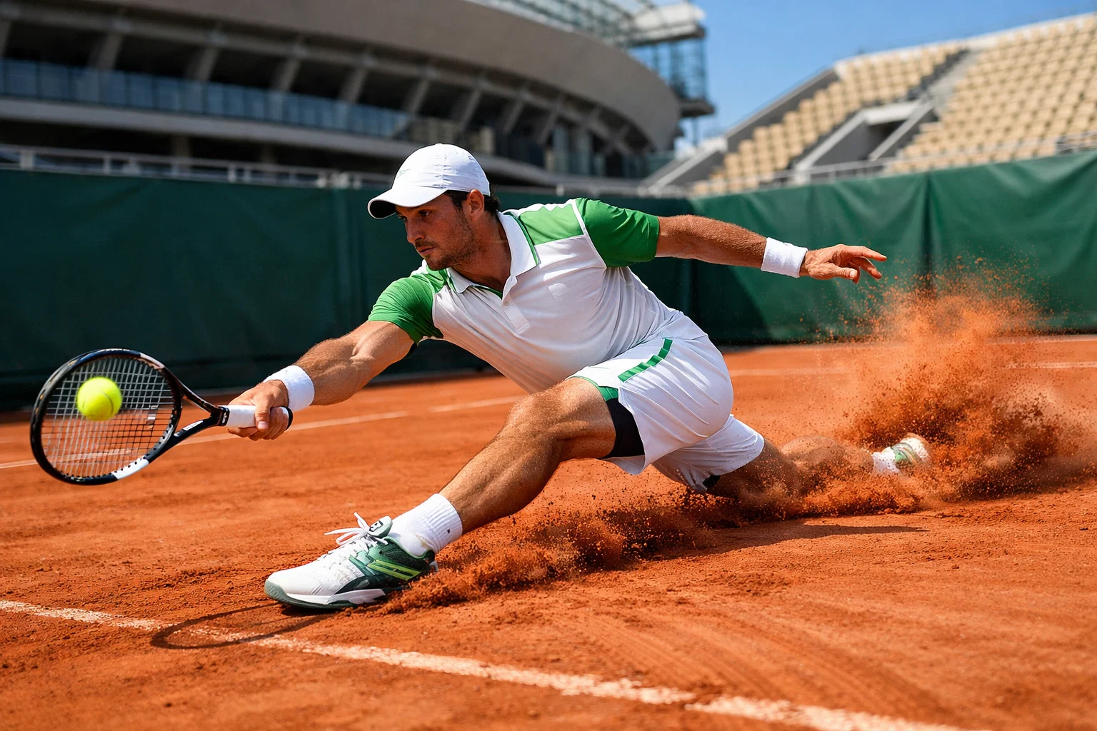 Speler glijdt over het rode gravel van Roland Garros