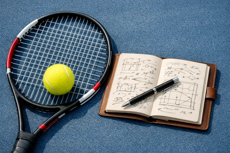 Tennisracket en bal op een hardcourt met strategisch notitieboek