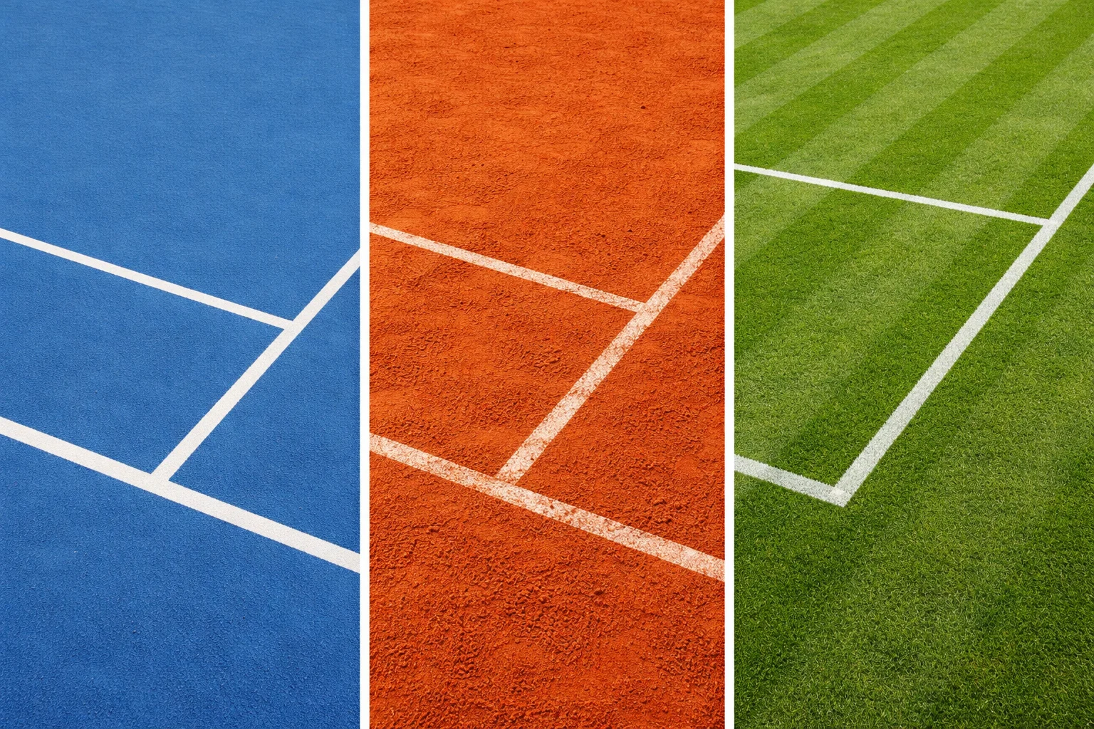 Drie tennisbanen naast elkaar: hardcourt, gravel en gras