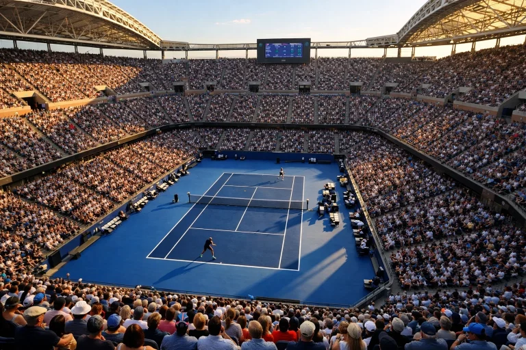 Professionele tennisbaan tijdens een ATP toernooi met volle tribunes