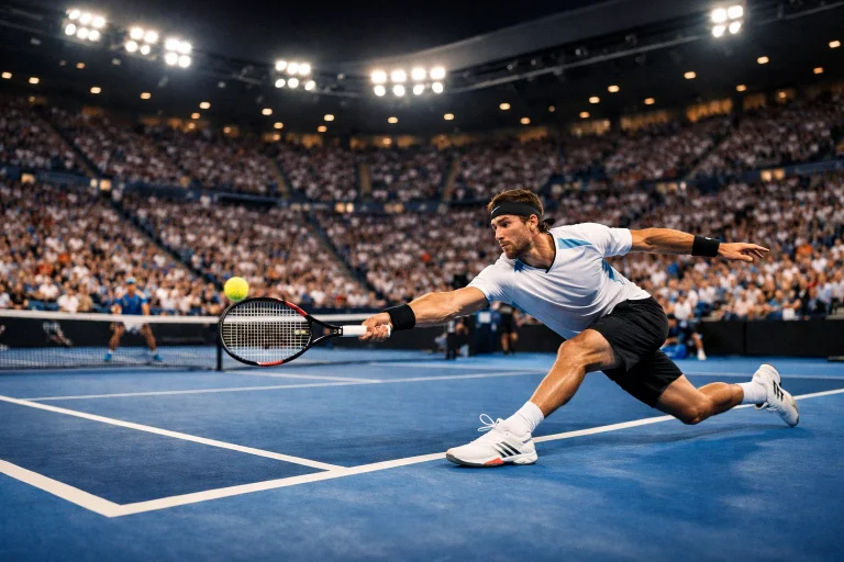 Tenniswedstrijd in volle gang met publiek op de tribune