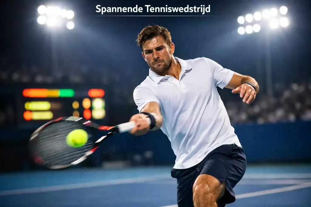 Tennisser in actie op een verlicht hardcourt tijdens een avondwedstrijd met scorebord op de achtergrond