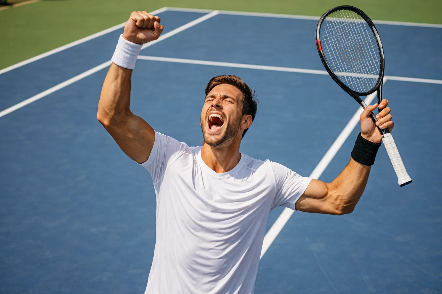 Tennisspeler viert overwinning op de baan