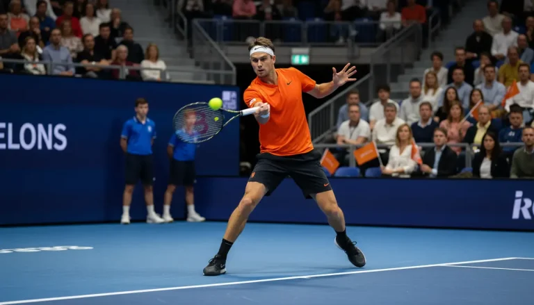 Nederlandse tennisser in actie op een indoorbaan met oranje publiek
