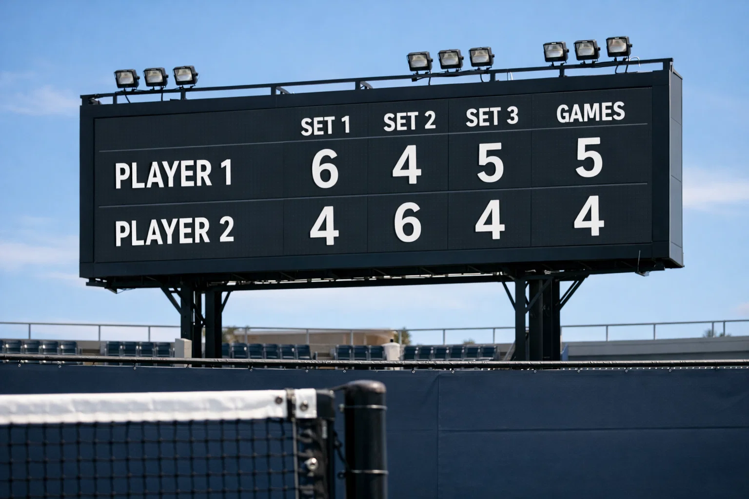 Tennisscoreboard toont setstand tijdens wedstrijd