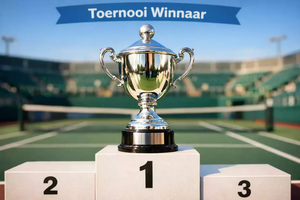 Zilveren tennistrofee op een podium met een onscherpe tennisgravelbaan op de achtergrond