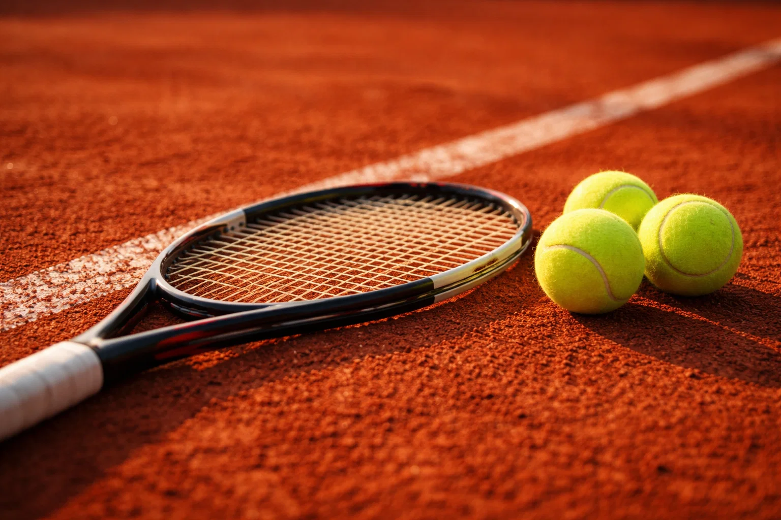 Tennisracket en ballen op gravelbaan