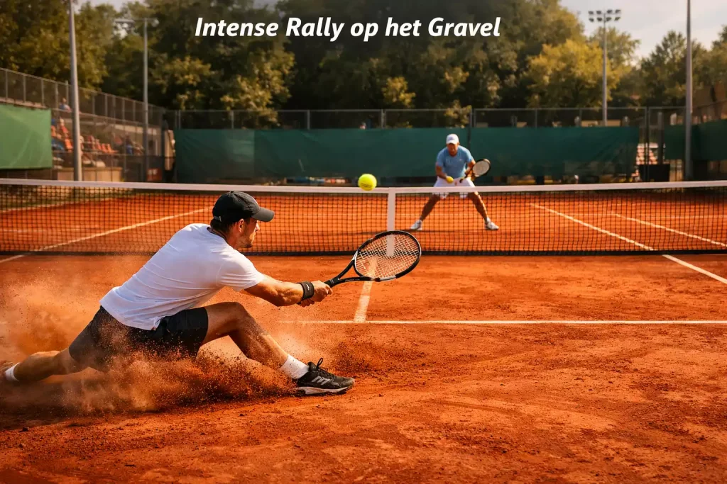 Twee tennissers in een intens rally op een gravelcourt met opwaaiend stof bij elke slag