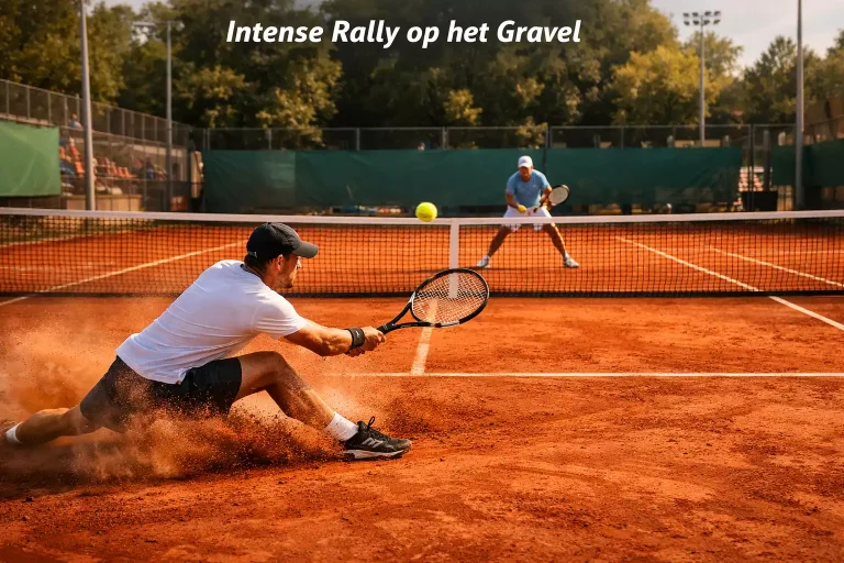 Twee tennissers in een intens rally op een gravelcourt met opwaaiend stof bij elke slag