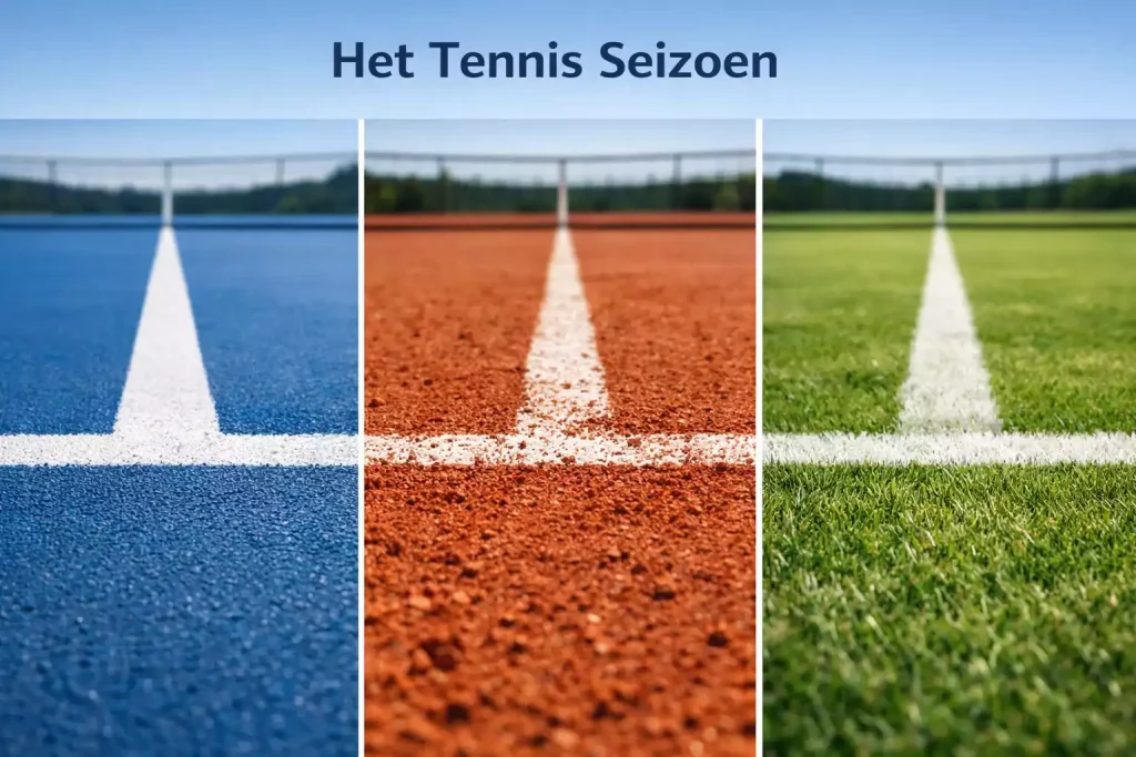 Drie tennisbanen naast elkaar met hardcourt gravel en gras ondergrond