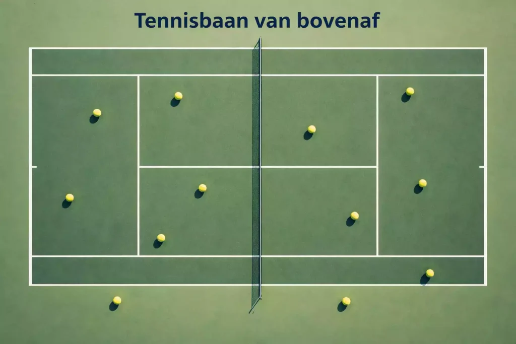 Tennisbaan van bovenaf gezien met meerdere ballen verspreid over het veld tijdens een training