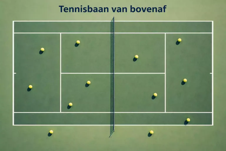 Tennisbaan van bovenaf gezien met meerdere ballen verspreid over het veld tijdens een training