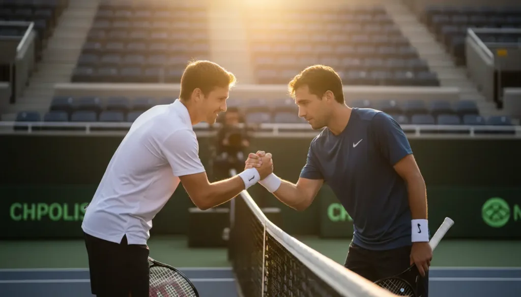 Twee tennissers schudden handen aan het net na een wedstrijd
