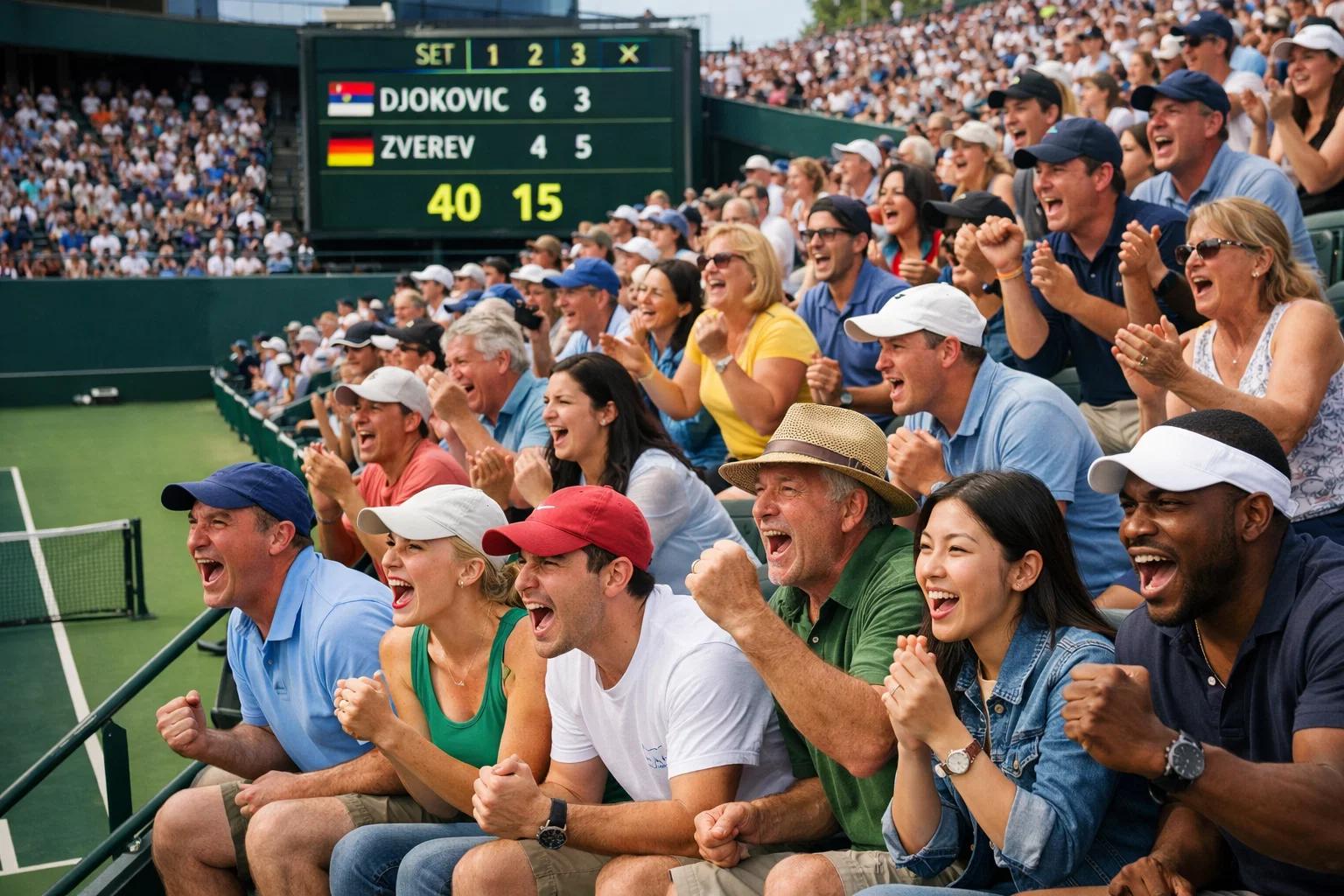 Tennisfans kijken naar een spannende wedstrijd in het stadion met scorebord op de achtergrond