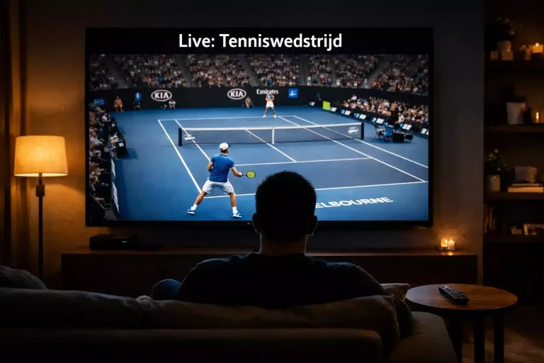 Tennisfan kijkt een live wedstrijd op een groot scherm in een huiskamer