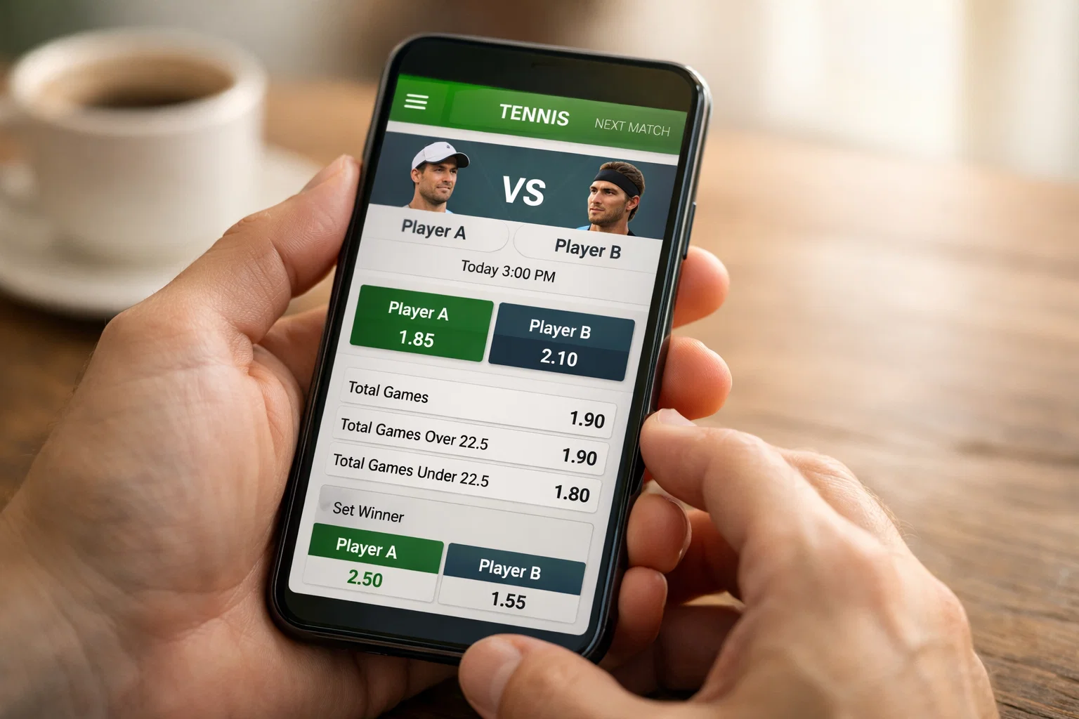 Hand met smartphone toont live tennis quoteringen op een bookmaker app