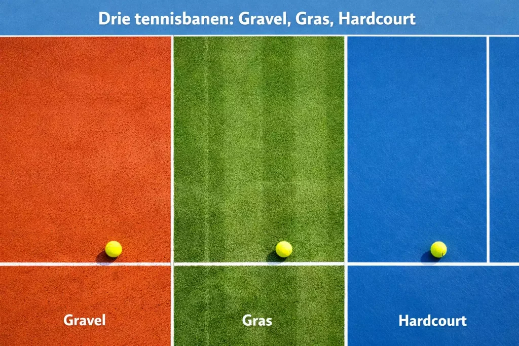Drie tennisbanen naast elkaar met gravel, gras en hardcourt als ondergrond in vogelvluchtperspectief