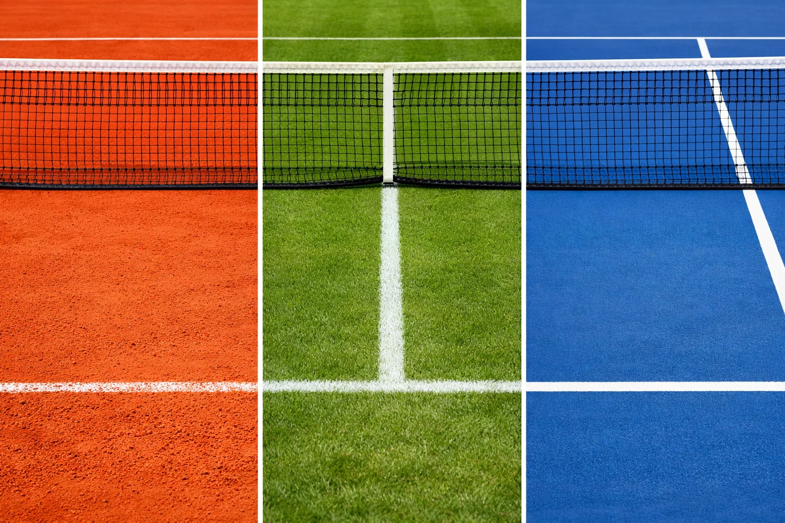 Drie tennisbanen naast elkaar: gravel oranje, gras groen en hardcourt blauw met netten