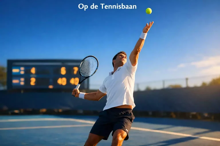 Tennisser slaat een bal op een hardcourt met een scorebord op de achtergrond