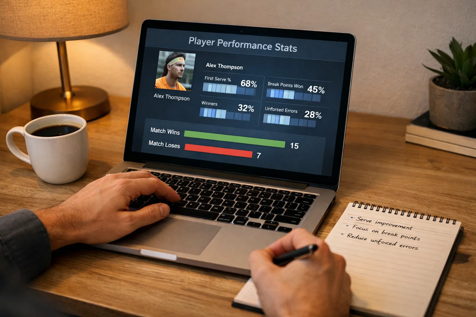 Persoon analyseert tennisstatistieken op laptop met notitieblok en pen op bureau