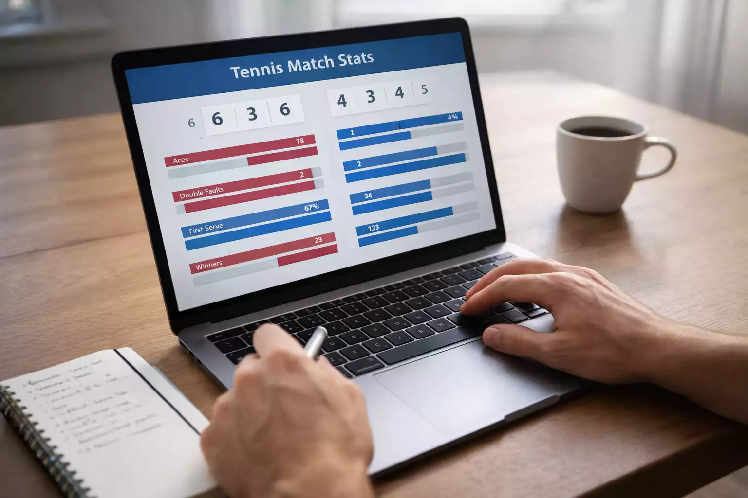 Persoon analyseert tennisstatistieken op laptop