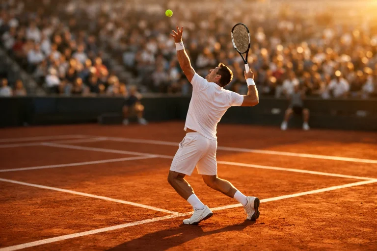 Tennisbaan met speler tijdens een professionele wedstrijd