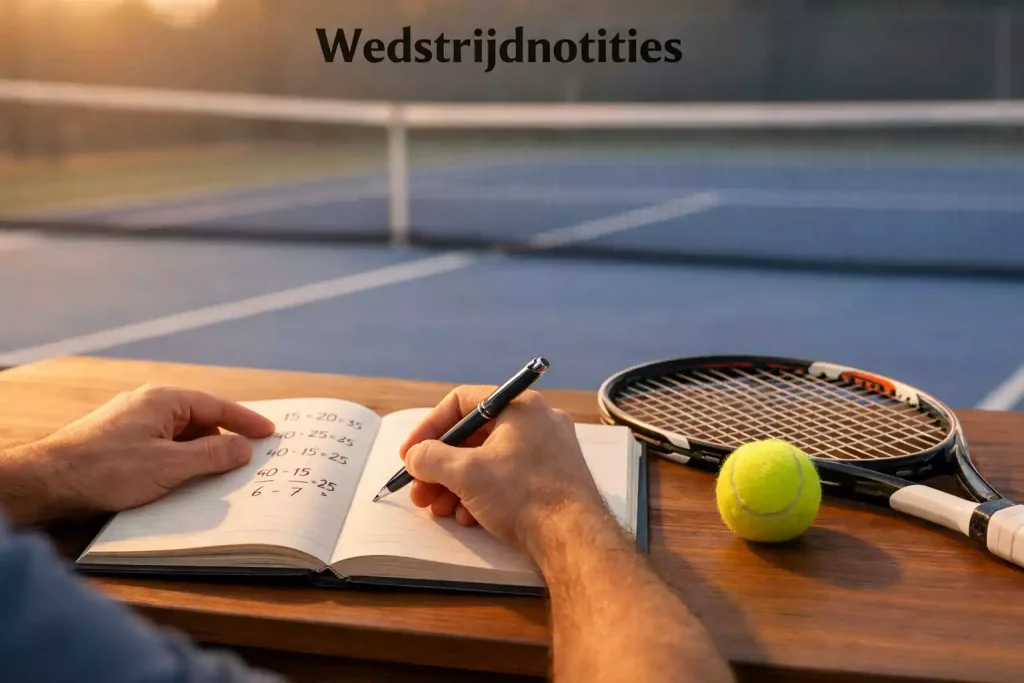Tennisbaan met daarop een notitieboek en pen voor het berekenen van wedkansen