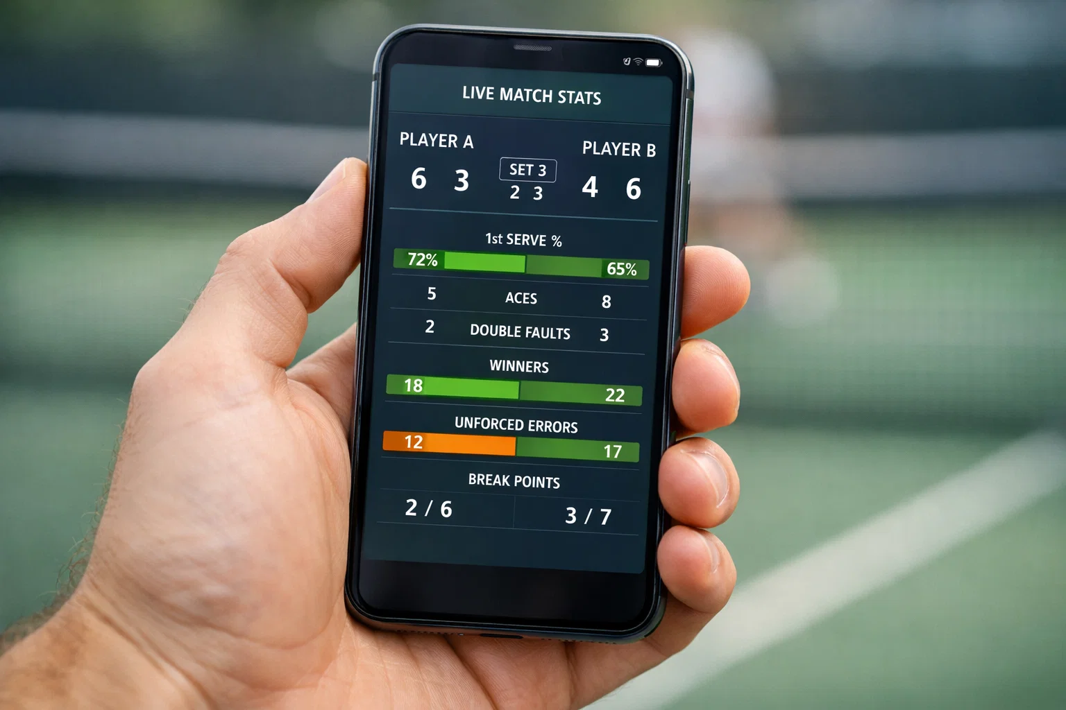 Smartphone met live tennisstatistieken op het scherm