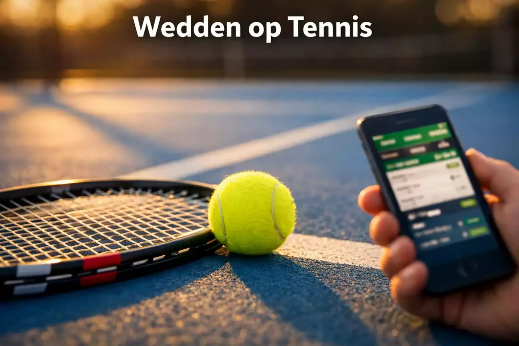 Tennisracket en bal op een hardcourt met een wedformulier op een smartphone op de achtergrond