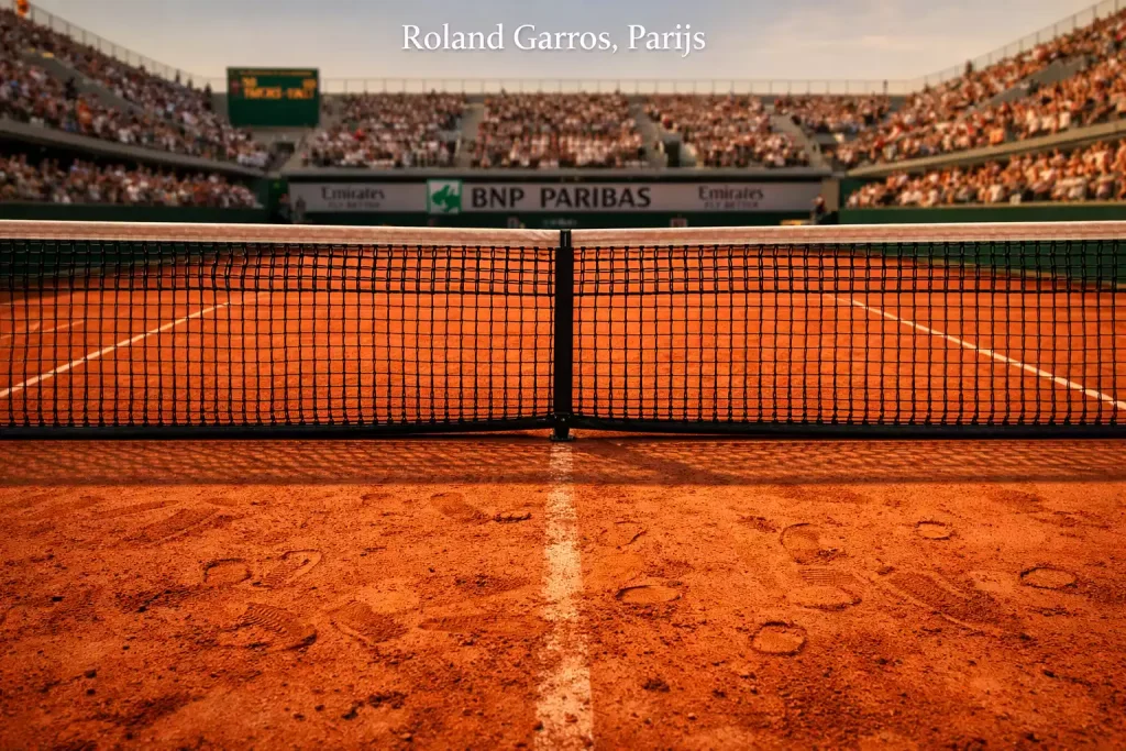Rood gravelcourt van Roland Garros met zichtbare schoenslijtsporen en het net in de voorgrond