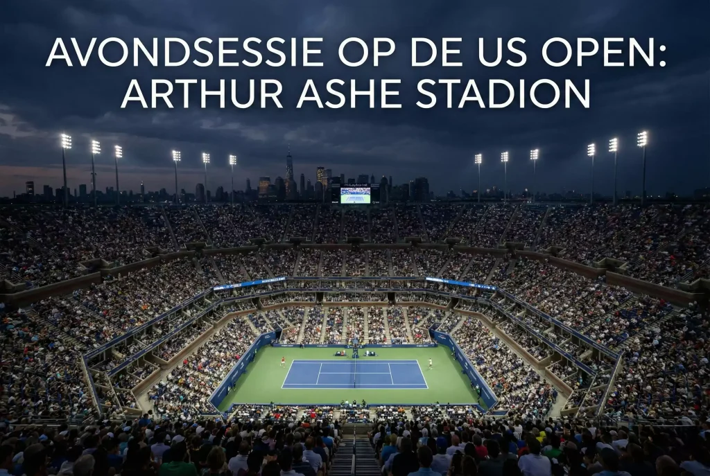 Arthur Ashe Stadium verlicht bij avond met spectaculaire sfeerverlichting en vol publiek