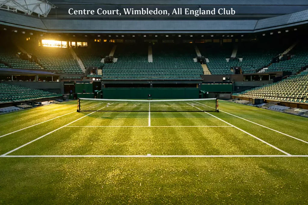 Centre Court van Wimbledon met groen gras, witte lijnen en lege tribunes in zachte ochtendzon