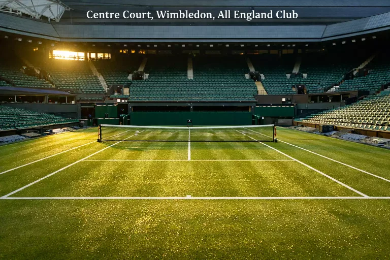 Centre Court van Wimbledon met groen gras, witte lijnen en lege tribunes in zachte ochtendzon